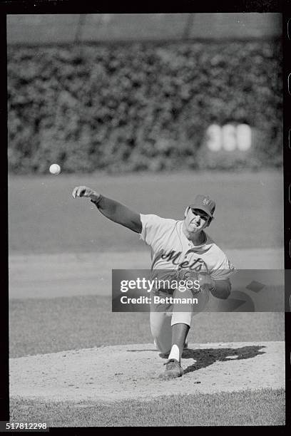 New York Mets, Tom Seaver, is shown pitching near no-hitter against the Chicago Cubs. Seaver had no-hitter going into the 9th inning, until Joe...