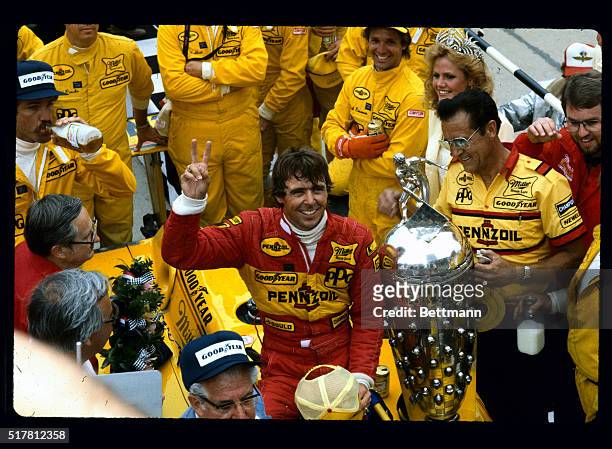 Indianapolis, IN: Auto racer Rick Mears in the winners' circle after winning the 1984 Indy 500.