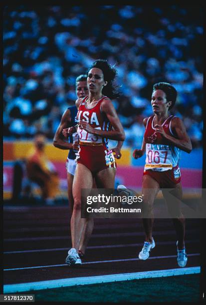 Mary Decker USA heads for the finish of 3,000 meters Heat 1 at the Coliseum Wednesday.