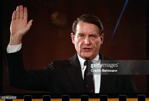 Washington, DC- William Webster, Director of the FBI, takes the oath before his appearance before the Senate Intelligence Committee. Webster, seeking...