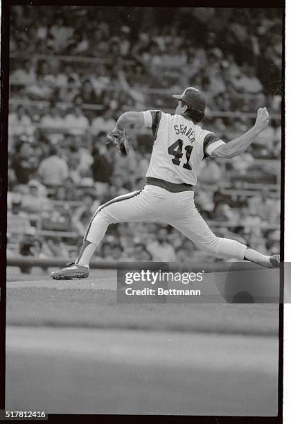 Tom Seaver of the white Sox, whips his arm toward the plate here to earn his 298th career victory by scattering four hits in the 1-0 shutout. It was...