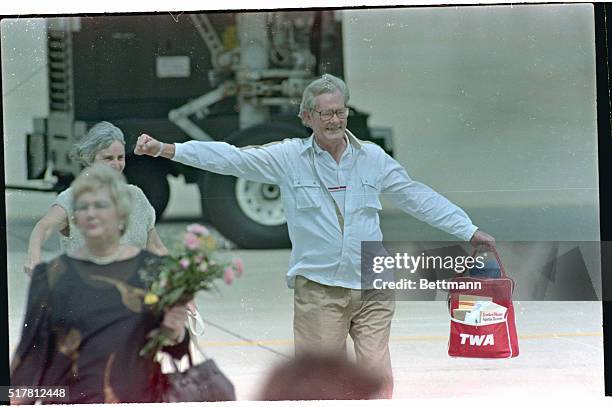 American hostages of the hijacked TWA plane in Beirut return home to Andrews Air Force Base in D.C. Greeted by Pres. And Mrs. Reagan.