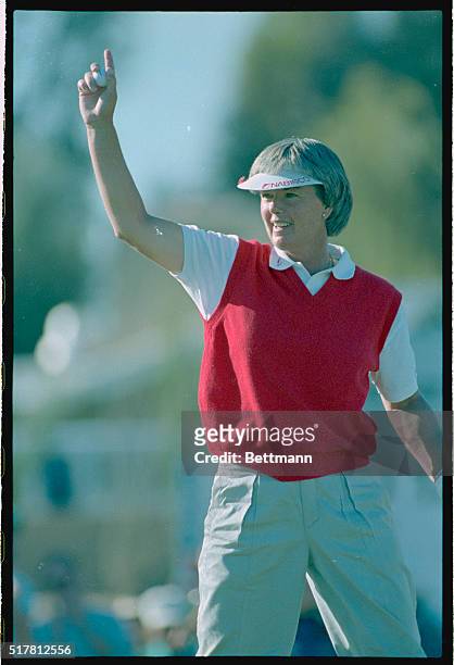 Phoenix, Ariz.: Pat Bradley of Marco Island, Fla. Waves to the crowd on the 18th hole after winning the LPGA Turquoise Classic here.