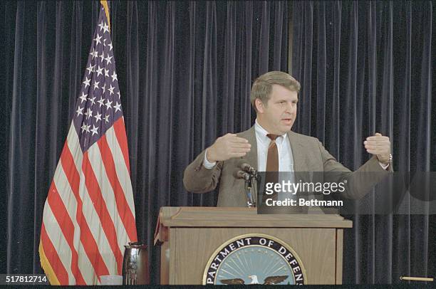 Washington: Chief Defense Department spokesman Dan Howard uses his hands to describe the maneuvering of the F-14 Tomcats and the Libyan MIG-23s...
