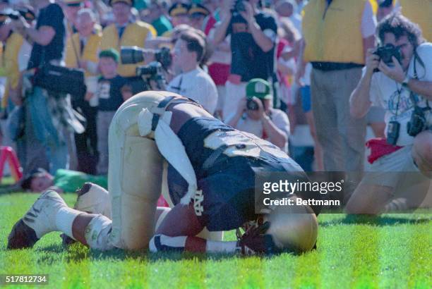 South Bend, Ind.: Notre Dames' tight end Derek Brown falls to the turf after missing a catch in the final seconds of the Stanford Notre Dame game in...