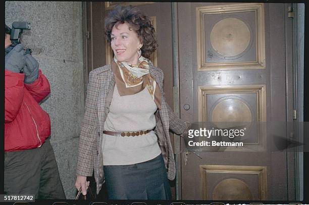 New York: Bess Myerson pauses for photos at federal court where a jury was in its fourth day of deliberations in their alimony-fixing trial. The...