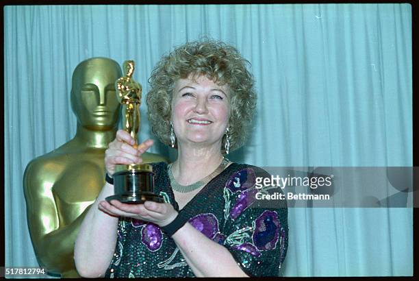 Academy Awards, Los Angeles - Brenda Fricker holds up her Oscar after winning Best Supporting Actress for her role in My Left Foot March 26 at the...