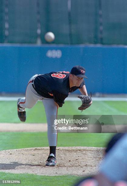 Sarasota, Florida: Oriole pitcher Ben McDonald fires the ball the opening spring training game between the O's and the White Sox, March 7th. McDonald...