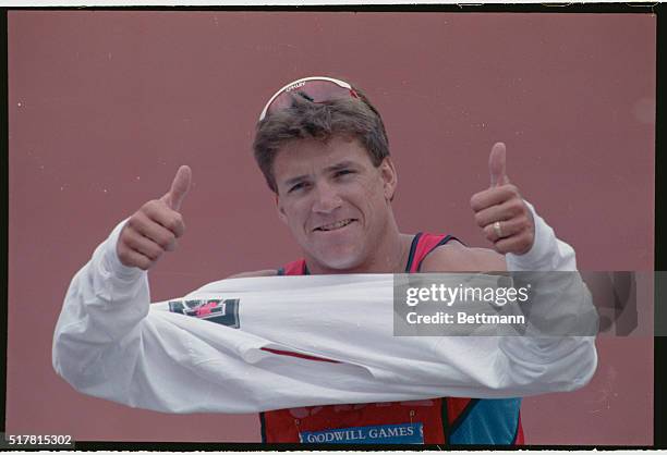 Seattle: Dave Johnson of Montclair, California is the picture of confidence after the first event in the decathlon at the Goodwill Games 7/24.