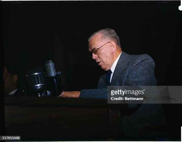 Secretary of State George Marshall is shown seated before the Senate Foreign Relations Committee in regard to the Marshal Plan.