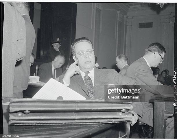 Washington, D.C.: Dr. Leon H. Keyserling, economic adviser to former President Truman is shown as he testified before the Senate Finance Committee...