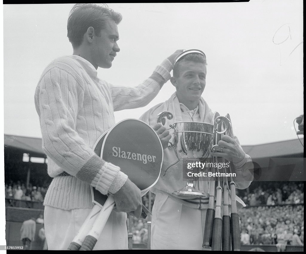 Kurt Nielsen Placing Trophy Lid on Tony Trabert's Head