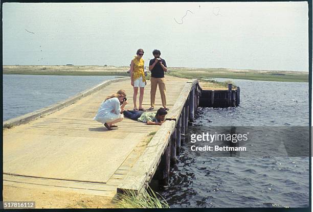 Edgartown, Mass.: Curious tourists photograph the spot on Dyke Bridge, Chappaquiddick Island, where Sen. Edward Kennedy's car plunged into the pond...