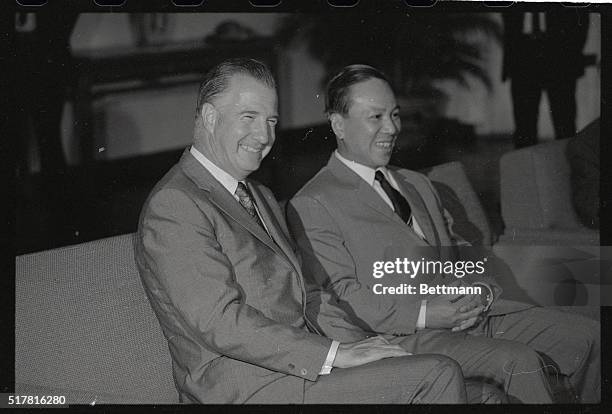 American Vice President Spiro Agnew and South Vietnam's President Nguyen Van Thieu flash big smiles for newsmen at a press conference which followed...