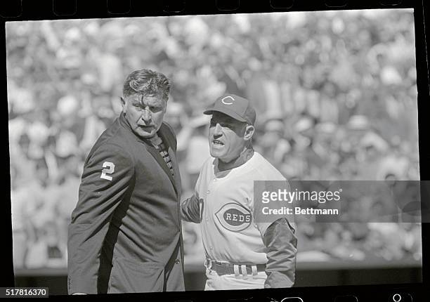 Cincinnati, O.: World Series: Reds manager George "Sparky" Anderson argues with plate umpire Ken Durkhart over a disputed play at home in the sixth...