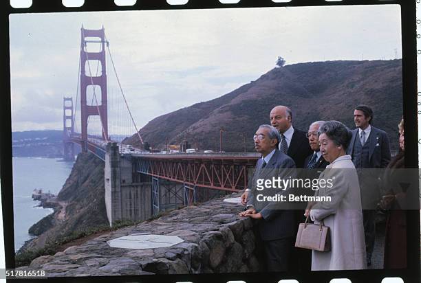 San Francisco, California: Emperor Hirohito, , and empress Nagako of Japan are shown the sights around the San Francisco Bay by Mayor Joseph Alioto....