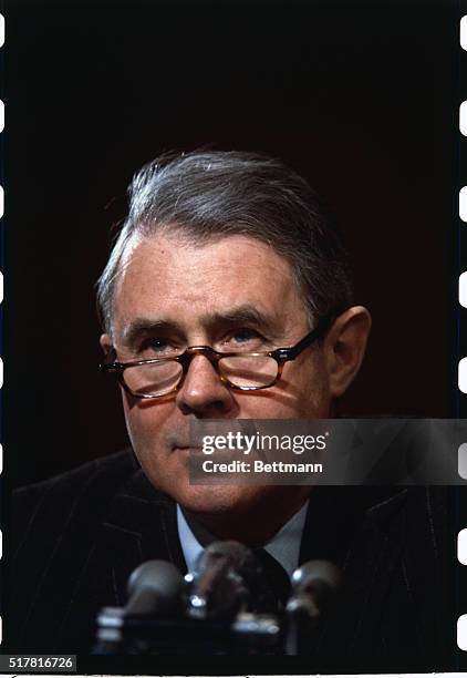 Cyrus Vance, Secretary of State designate is shown here in this closeup head shot before the Senate Foreign Relations Committee.