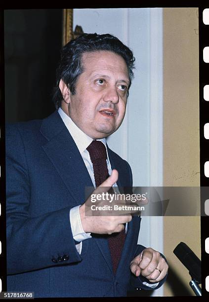 Mario Soares, Portuguese Prime Minister, is shown giving a gesture here in this closeup during a news conference.