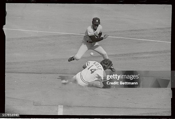 Reds' Pete Rose upsets Yankee second baseman Willie Randolph to break up double play in the sixth inning 10/16.