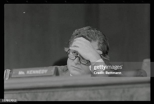 Washington: Sen. Edward Kennedy, D-Mass. Listens intently as a witness testifies before the Senate Judiciary Committee. The committee took up the...