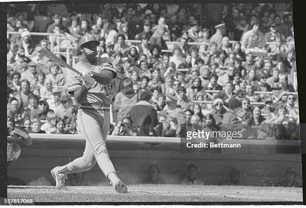 Photo shows Cecil Cooper from the Milwaukee Brewers in batting action against the New York Yankees.
