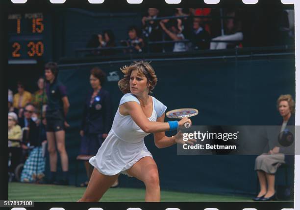 Wimbledon, England: Chris Evert concentrating on a backhand at Wimbledon.
