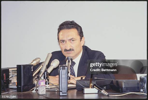 London, England: Bulent Ecevit, Turkish prime minister, during press conference. May 15, 1978.