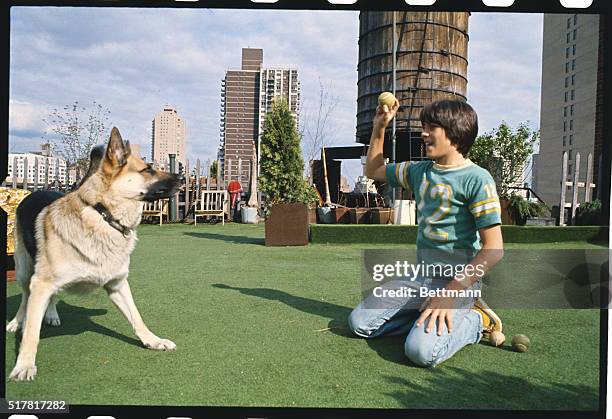 Scott Baio, 15-year-old actor from Brooklyn, N.Y., enjoys a break in filming of upcoming TV special, A House in the Woods, to play with dog he found...