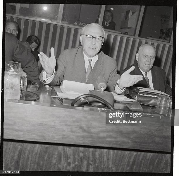 Soviet Ambassador Valerian Zorin speaks at a news conference he called October 13 to state Russia's views on the appointment of a new secretary...