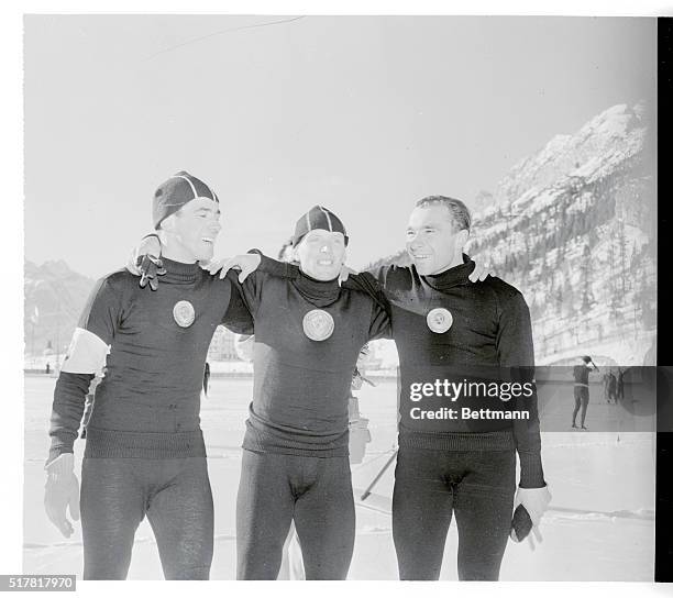 Soviet speed skaters Raffel Gratch, , Yuri Sergeyev, and Evgenji Grischin, , shown before a practice race at Cortina, broke their won world record...