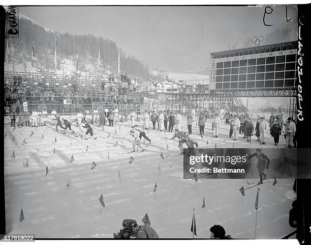 Picture shows a general view of the ski course where the 15 kilometers relay cross country race for women was held. The view shows the start of the...