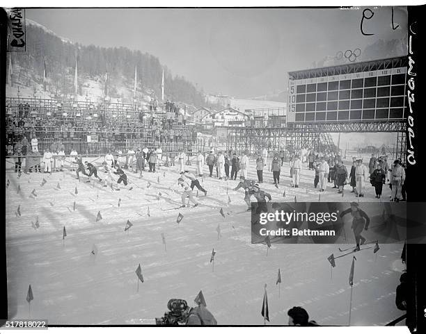 Picture shows a general view of the ski course where the 15 kilometers relay cross country race for women was held. The view shows the start of the...