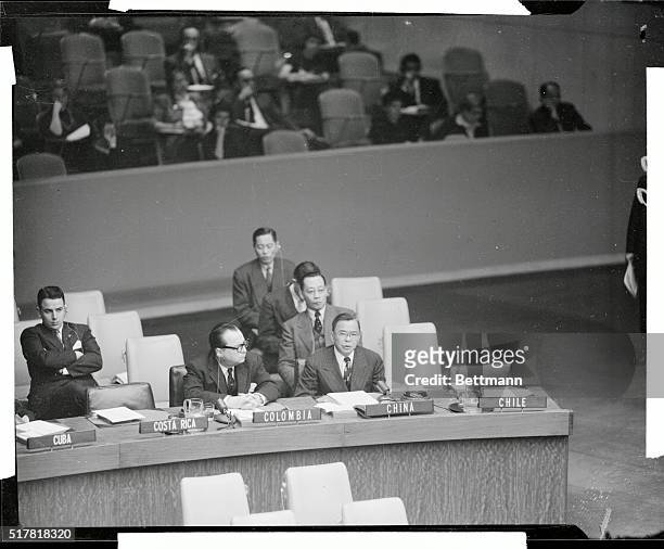 Dr. Tingfu F. Tsiang, Representative of Nationalist China to the U.N., is shown as he attacked the Resolution to admit 13 free nations and five...