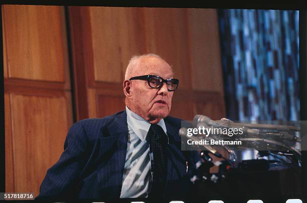 Washington, DC.: Close up of George Meany, President AFL-CIO, speaking during press conference.