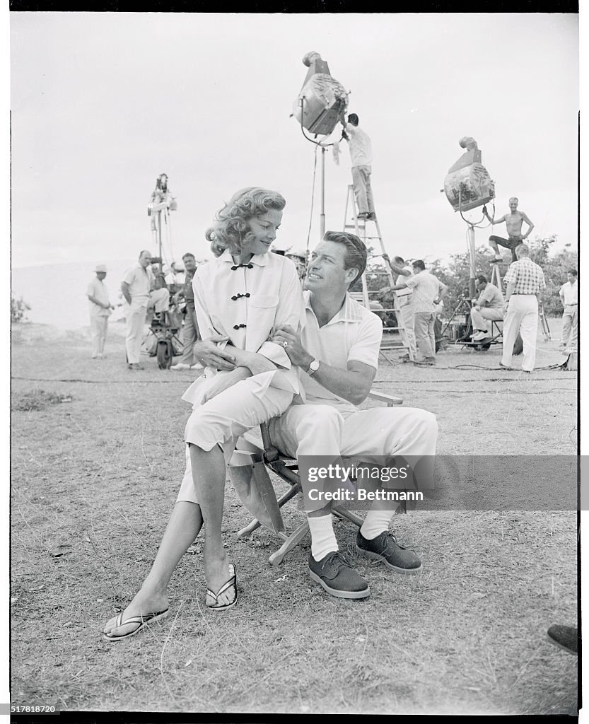 Our boy and girl - Richard Egan and Jane Russell - run their lines ...