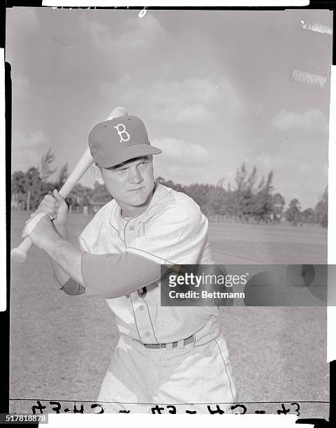 Photo of Brooklyn Dodgers reserve infielder Don Zimmer in a batting stance.