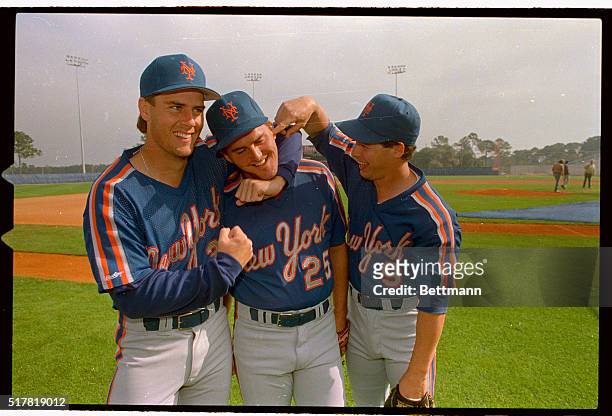 Three New York Mets rookie infielders engage in some pre-practice infighting 3/1. They are, from left to right, Kevin Elster, Keith Miller and Gregg...