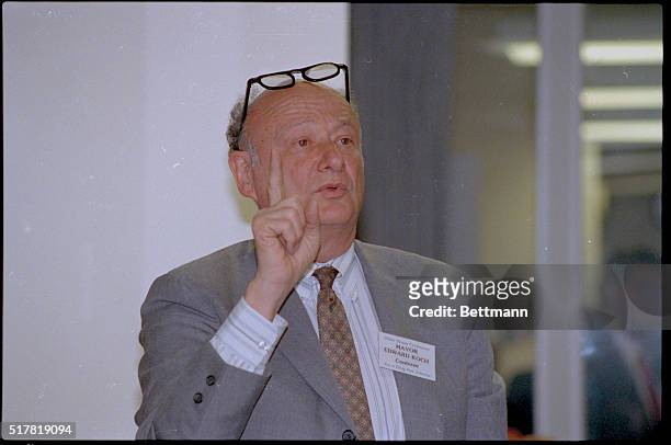 Washington: New York City Mayor Ed Koch makes a point at the White House Conference for a Drug Free America.