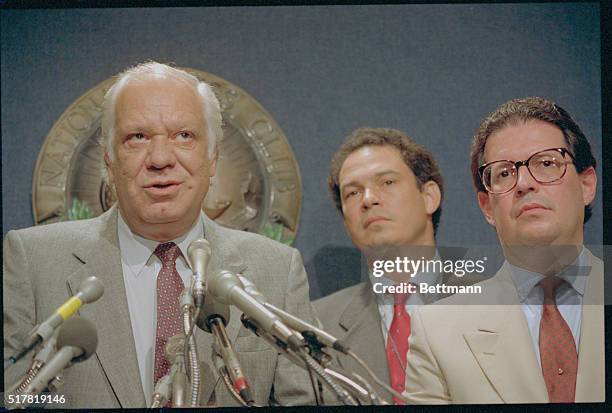 Washington, DC: Contra leaders Pedro Chamorro and Alfredo Cesar look on as Adolfo Calero speaks to reporters about the expulsion of US diplomats from...