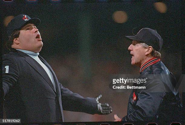 Boston: Bosox manager Joe Morgan argues with umpire Ken Kaiser after Kaiser called a balk on pitcher Roger Clemens during 7th inning of game 2 of...