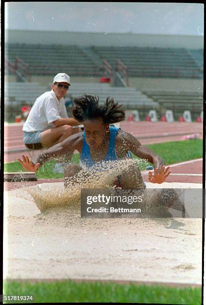 Jackie Joyner-Kersee heads for an Olympic Track and Field Trials record in the long jump, during Qualifications round 7/22. Her leap was 22 feet 8...