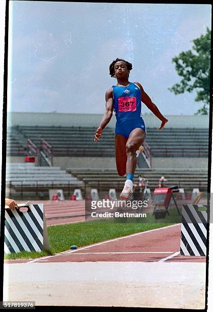 Jackie Joyner-Kersee heads for an Olympic Track and Field Trials record in the long jump, during Qualifications round 7/22. Her leap was 22 feet 8...