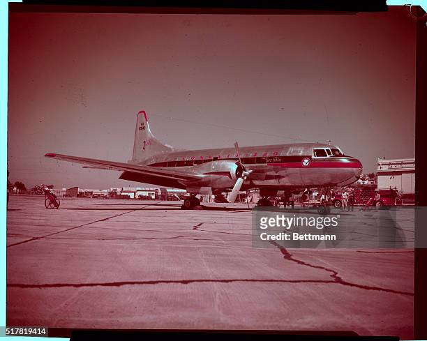The Convair 240 is here being readied for its first test flight at San Diego, California. The first flight of the air-conditioned, 40 passenger...