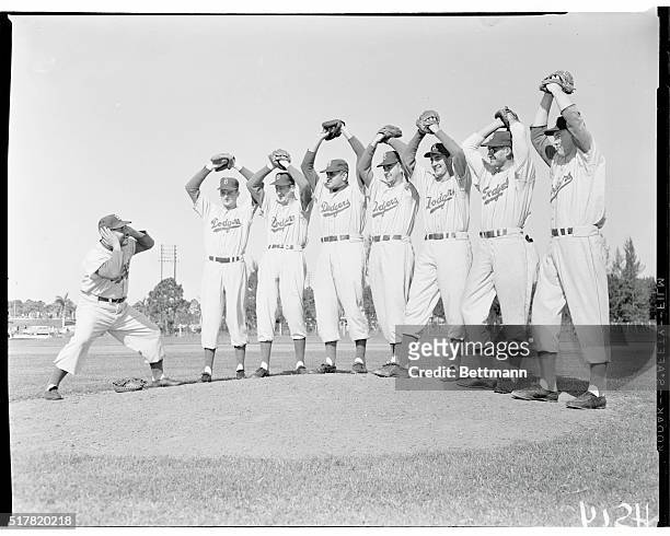 Star Brooklyn Dodger catcher Roy Campanella, who stands 5 feet, 9 inches, takes a look up at seven "giant" Dodger pitchers, none less than 6 feet 3...