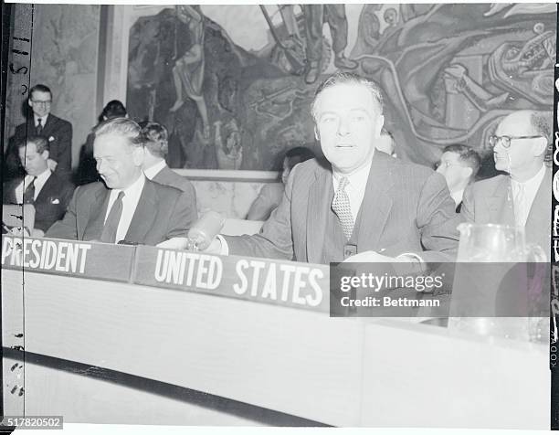 Ambassador Henry Cabot Lodge, right, president of the 11 nation Security Council, opens today's session with U.N. Secretary General Dag Hammarskjold...