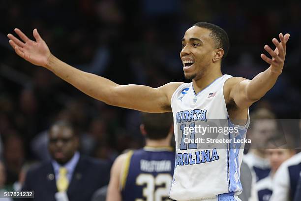 Brice Johnson of the North Carolina Tar Heels reacts in the second half against the Notre Dame Fighting Irish during the 2016 NCAA Men's Basketball...