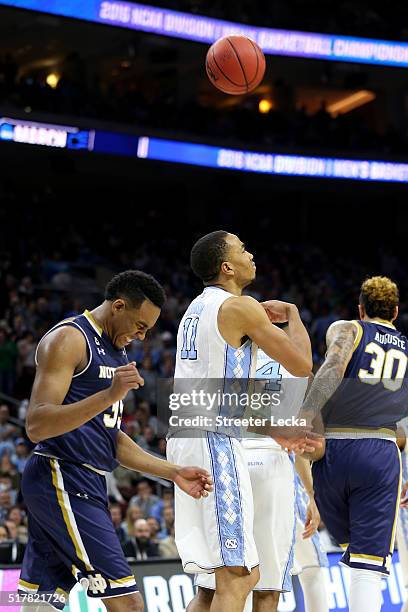 Brice Johnson of the North Carolina Tar Heels gets a technical foul for tossing the ball in the second half against the Notre Dame Fighting Irish...