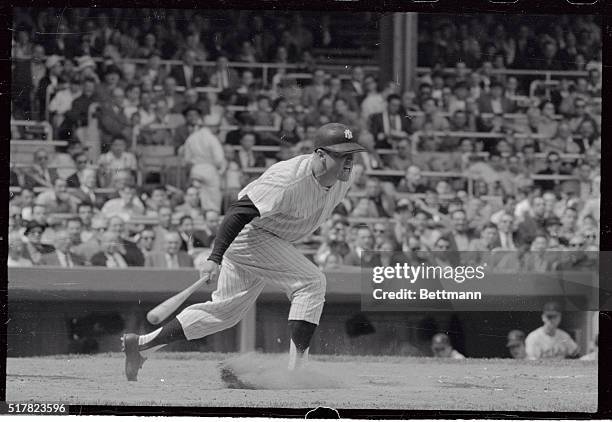 Aggravation shows on the face of Yankee slugger Mickey Mantle, as he swings and misses during the third inning of the Yankees' game against the...