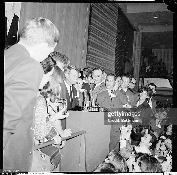 Robert F. Kennedy thanks his supporters for their help during his victory appearance at the Statler Hotel, after Senator Keating conceded defeat in...