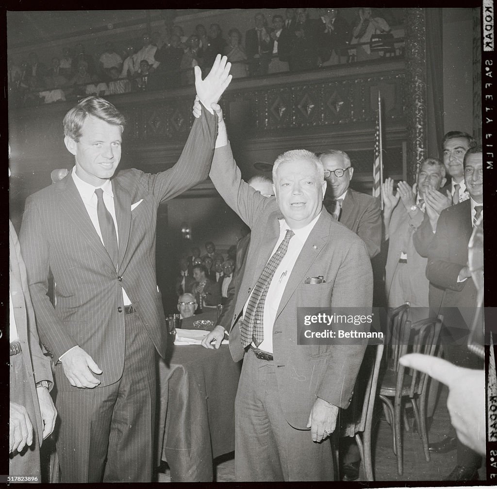 Robert F. Kennedy and David Dubinsky Raising Their Hands Together